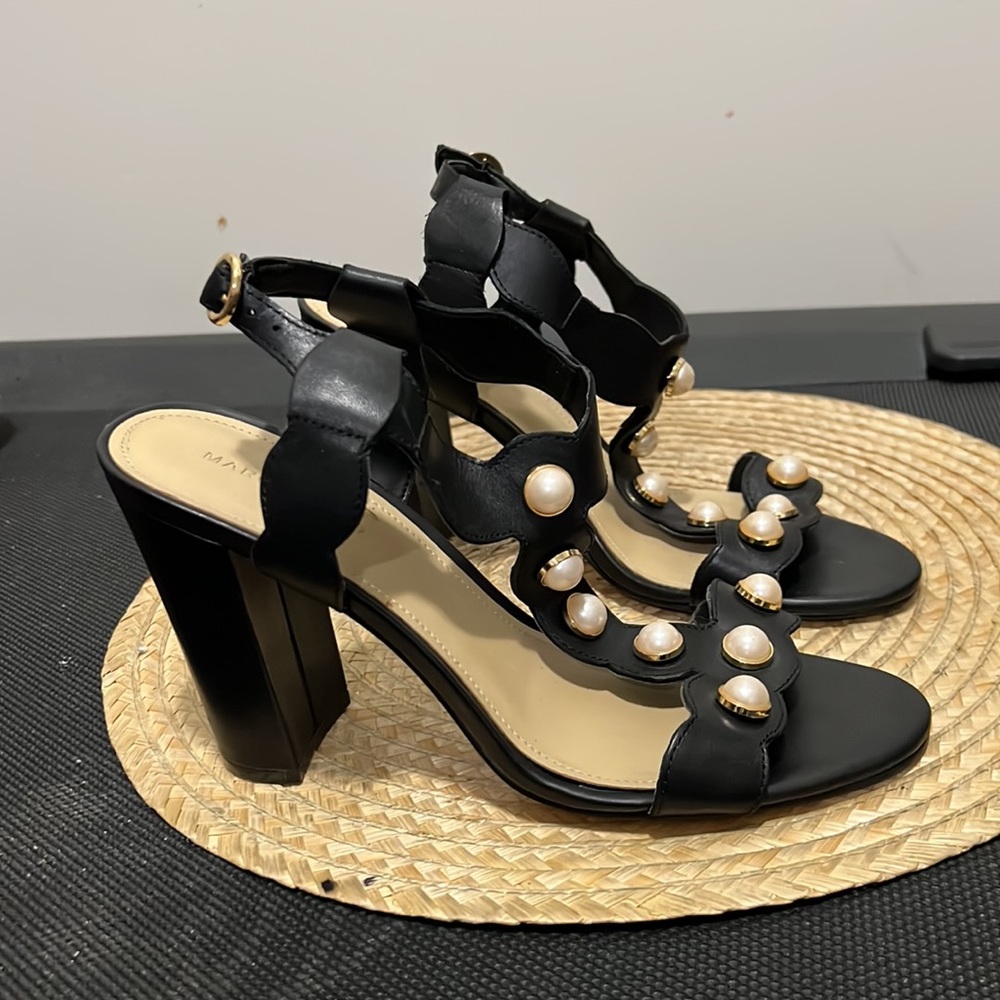 Marc Fisher Faux Pearl Detailing Leather Heel Sandals Size 8.5